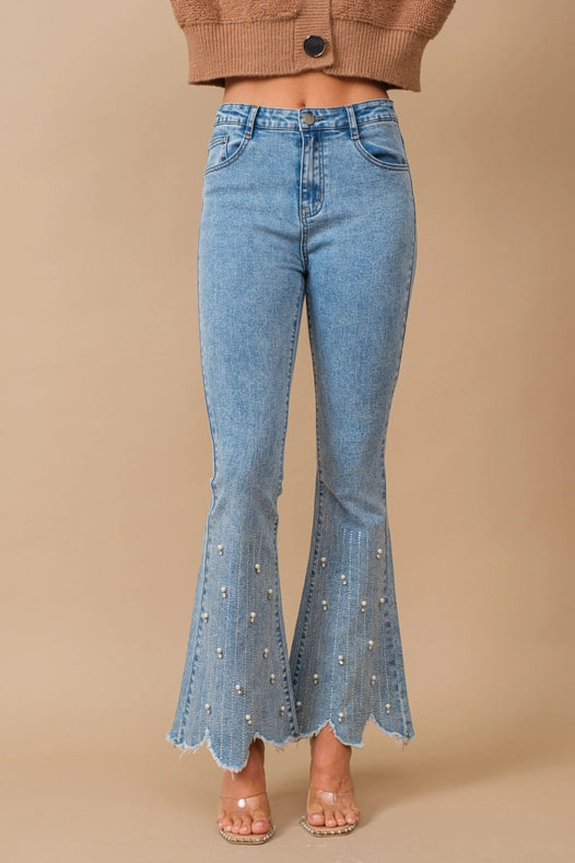 High Waist Scallop Flare W/ Rhinestone Trim Jeans-Jeans-Blue B-S-MED WASH-Urbanheer