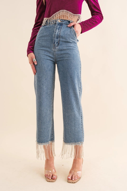High Waist Straight Cut Rhinestone Fringe Jeans