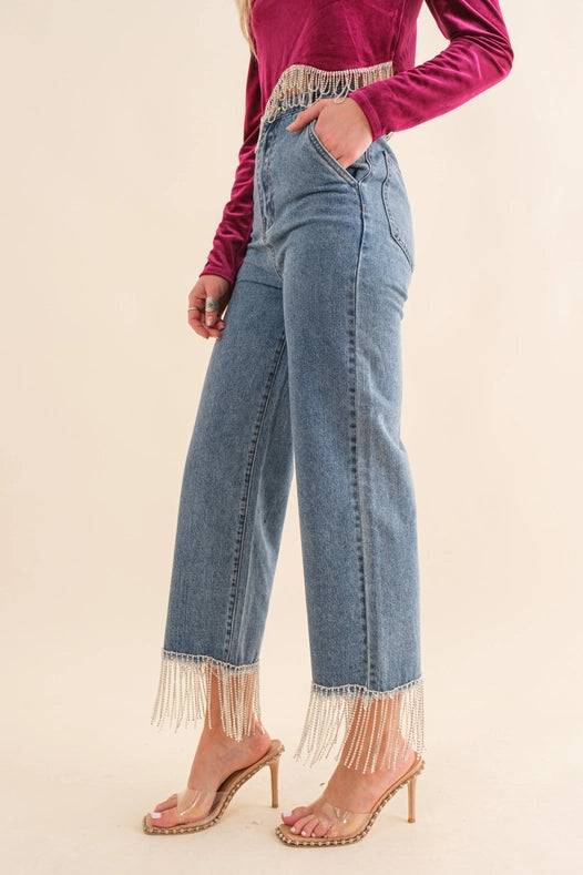 High Waist Straight Cut Rhinestone Fringe Jeans