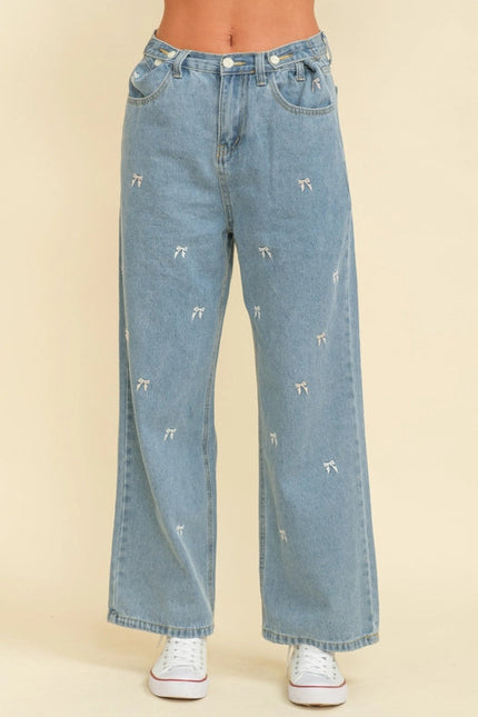 High Waisted Embroidered Bow Jeans