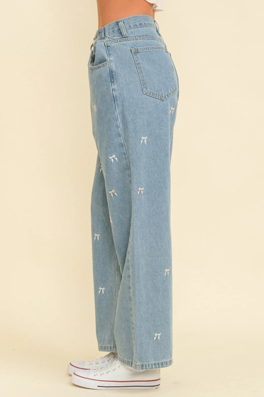 High Waisted Embroidered Bow Jeans