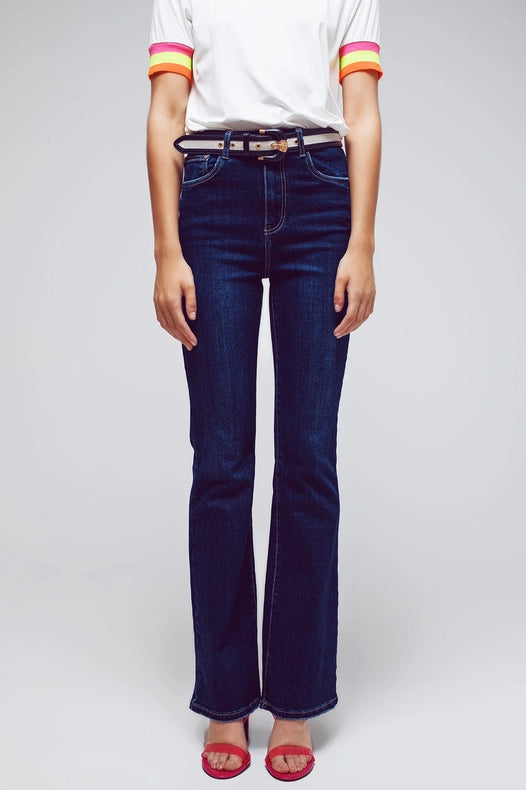 High Waisted Flared Jeans In Dark Wash-Jeans-Q2-XS-Blue-Urbanheer