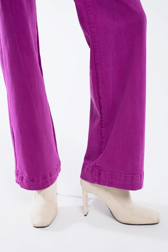 High Waisted Front Pockets Flare Jeans in Magenta-Jeans-Q2-XS-Fuchsia-Urbanheer