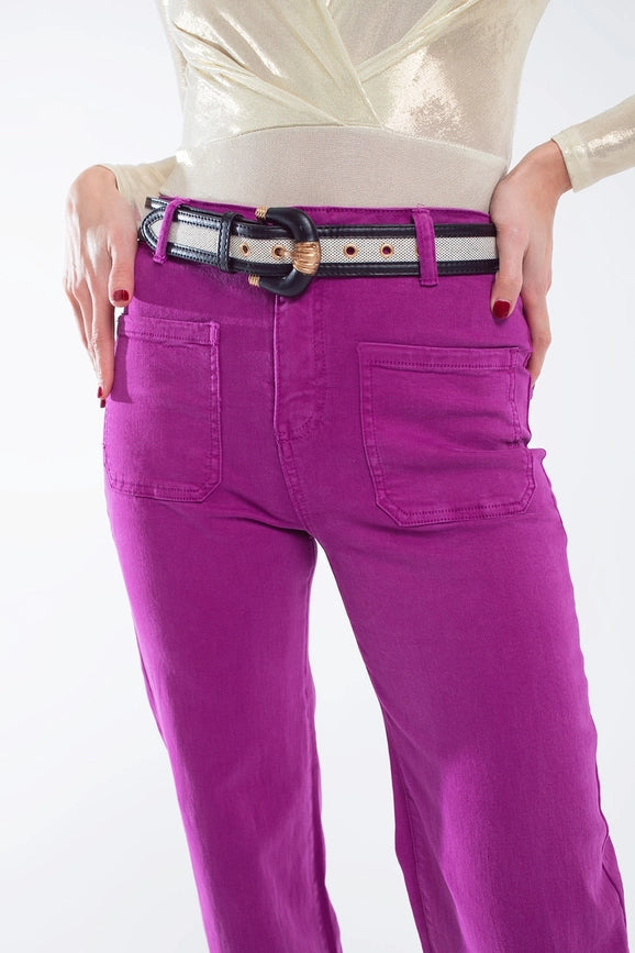 High Waisted Front Pockets Flare Jeans in Magenta-Jeans-Q2-XS-Fuchsia-Urbanheer