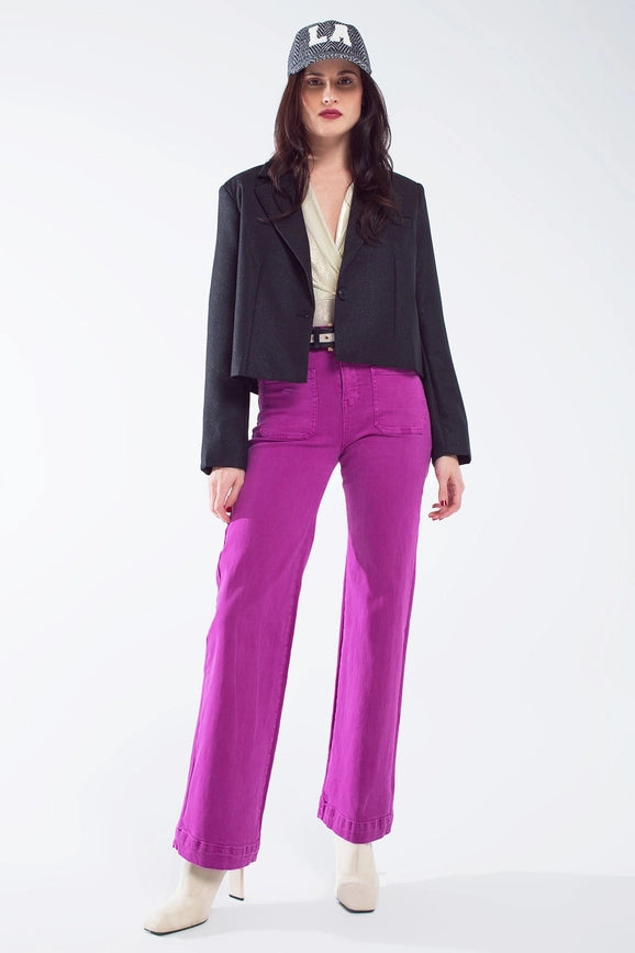 High Waisted Front Pockets Flare Jeans in Magenta-Jeans-Q2-XS-Fuchsia-Urbanheer
