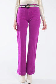 High Waisted Front Pockets Flare Jeans in Magenta-Jeans-Q2-XS-Fuchsia-Urbanheer