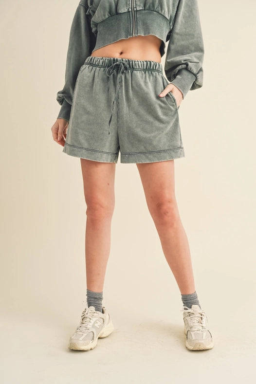 High Waisted Mineral Wash Shorts Sage-Shorts-Kimberly C-S-Urbanheer