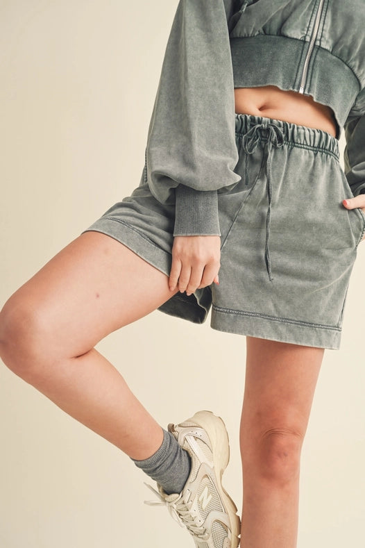 High Waisted Mineral Wash Shorts Sage-Shorts-Kimberly C-S-Urbanheer