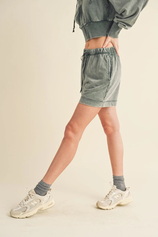 High Waisted Mineral Wash Shorts Sage-Shorts-Kimberly C-S-Urbanheer