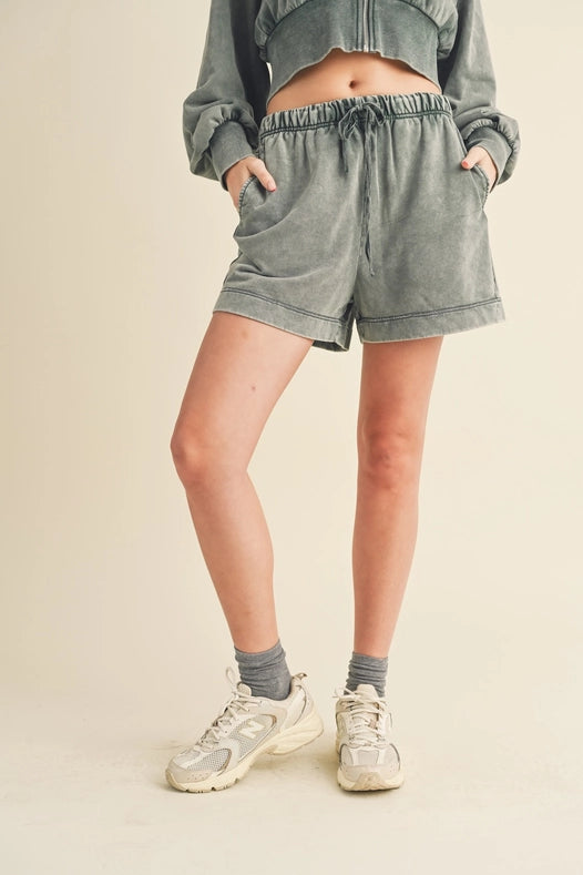 High Waisted Mineral Wash Shorts Sage-Shorts-Kimberly C-S-Urbanheer