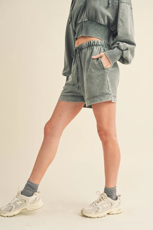 High Waisted Mineral Wash Shorts Sage-Shorts-Kimberly C-S-Urbanheer