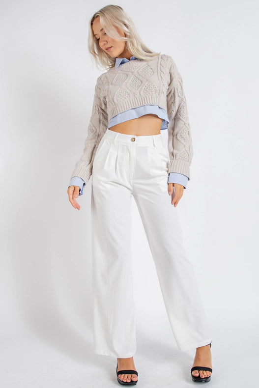 High Waisted Trousers with Waist Button-Trousers-Edit by Nine-S-IVORY-Urbanheer
