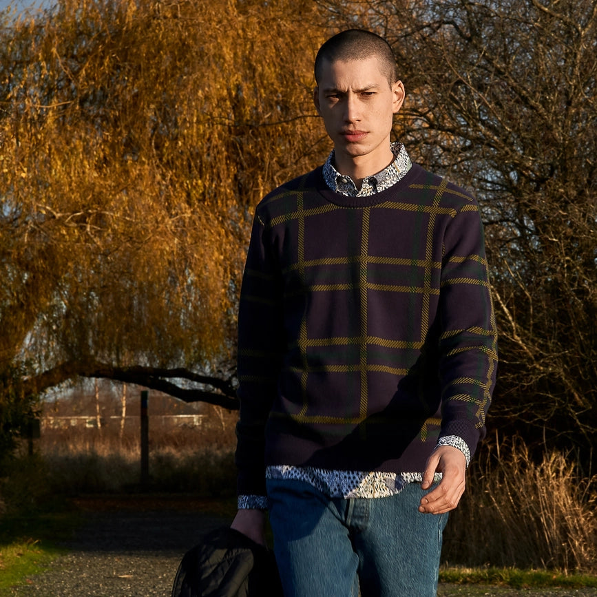 Highland Plaid Pattern Long Sleeve Jacquard Jumper Purple-Jumper-Poplin and Co.-S-Urbanheer