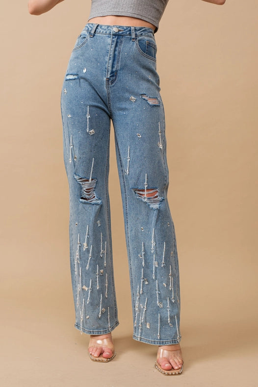 Hight Waist Clear Jewel Embellished Stretch Jeans