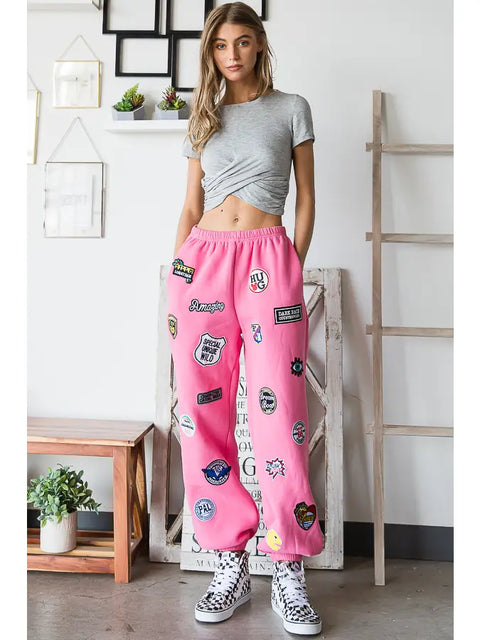 Hight Waist Multi Patches Jogger Pants PINK-Pants-JADE BY JANE-S-PINK-Urbanheer