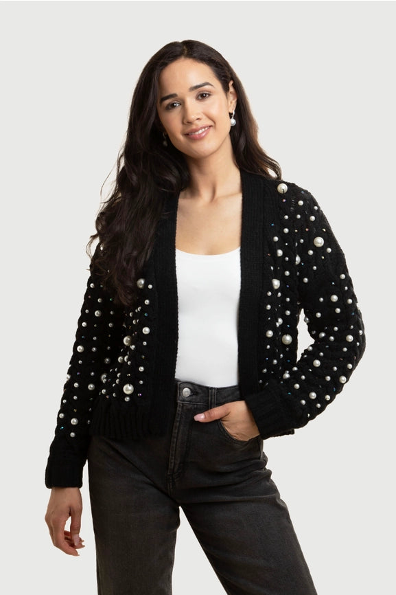 Holiday Cardigan Pearl Knit Black-Cardigan-SAACHI-Black-Urbanheer