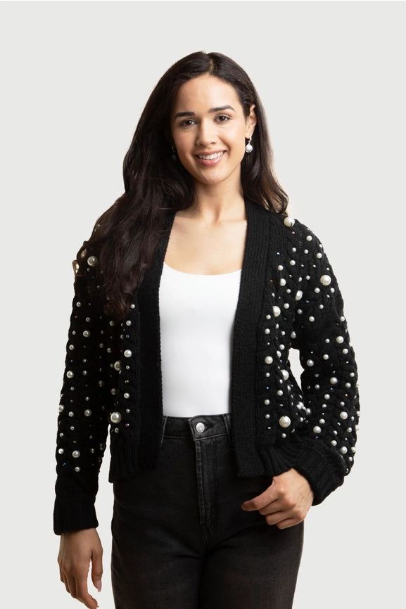 Holiday Cardigan Pearl Knit Black-Cardigan-SAACHI-Black-Urbanheer