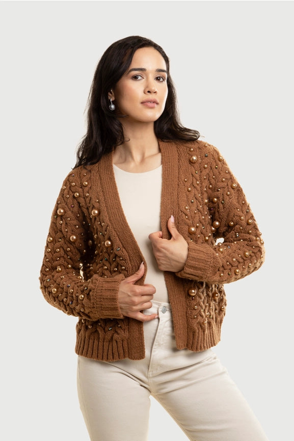 Holiday Cardigan Pearl Knit Brown-Cardigan-SAACHI-Brown-Urbanheer