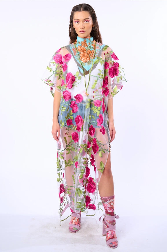 Holiday of Love Embroidered Mesh Kimono / Topper-Kimono-Aratta-One Size-Rose Embroidery-Urbanheer