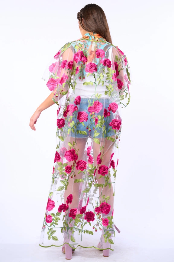 Holiday of Love Embroidered Mesh Kimono / Topper-Kimono-Aratta-One Size-Rose Embroidery-Urbanheer