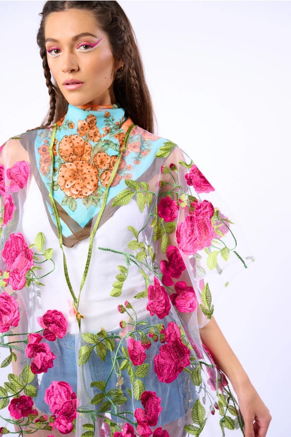 Holiday of Love Embroidered Mesh Kimono / Topper-Kimono-Aratta-One Size-Rose Embroidery-Urbanheer