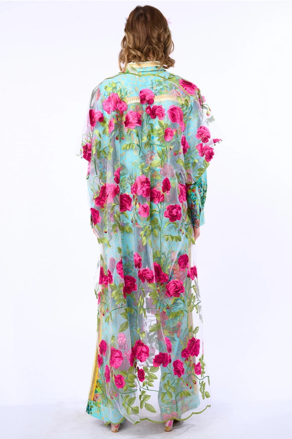 Holiday of Love Embroidered Mesh Kimono / Topper-Kimono-Aratta-One Size-Rose Embroidery-Urbanheer