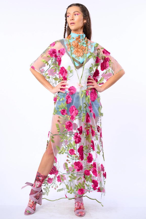 Holiday of Love Embroidered Mesh Kimono / Topper-Kimono-Aratta-One Size-Rose Embroidery-Urbanheer