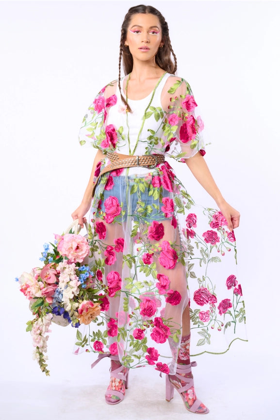 Holiday of Love Embroidered Mesh Kimono / Topper-Kimono-Aratta-One Size-Rose Embroidery-Urbanheer