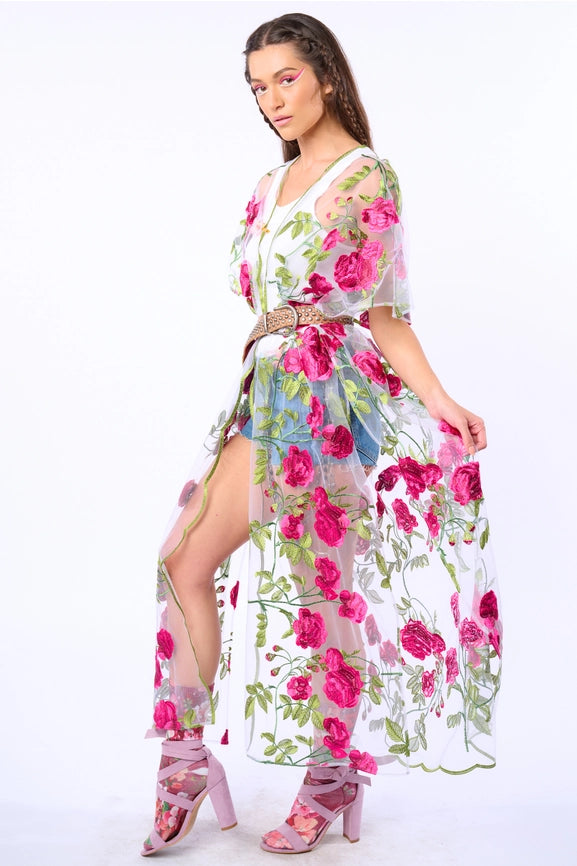 Holiday of Love Embroidered Mesh Kimono / Topper-Kimono-Aratta-One Size-Rose Embroidery-Urbanheer