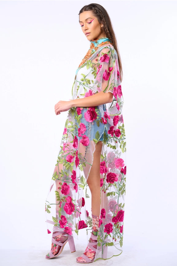 Holiday of Love Embroidered Mesh Kimono / Topper-Kimono-Aratta-One Size-Rose Embroidery-Urbanheer