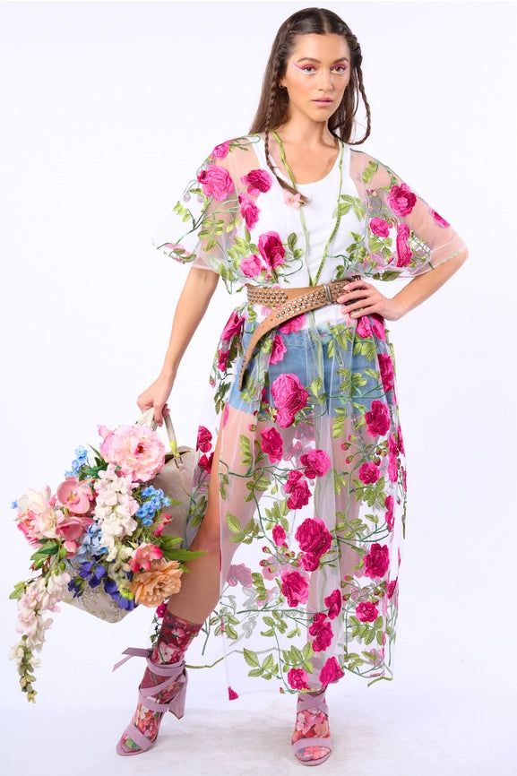 Holiday of Love Embroidered Mesh Kimono / Topper-Kimono-Aratta-One Size-Rose Embroidery-Urbanheer