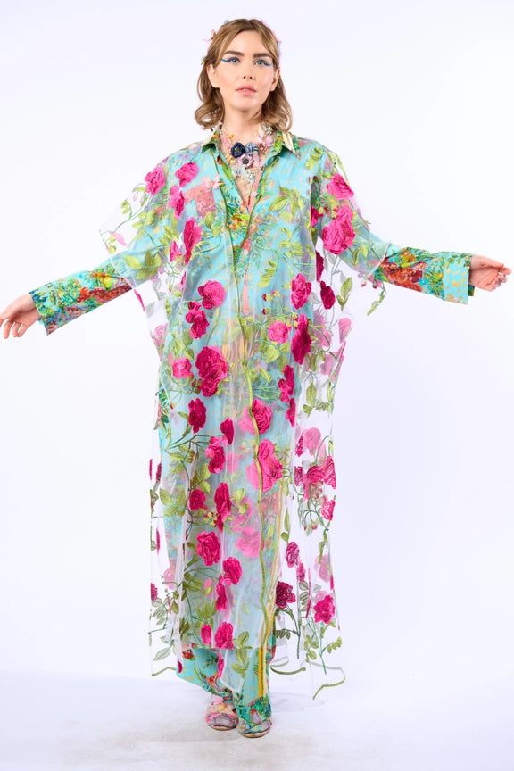 Holiday of Love Embroidered Mesh Kimono / Topper-Kimono-Aratta-One Size-Rose Embroidery-Urbanheer