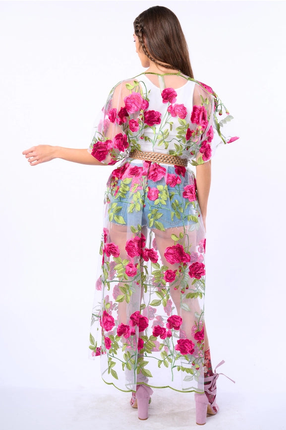 Holiday of Love Embroidered Mesh Kimono / Topper-Kimono-Aratta-One Size-Rose Embroidery-Urbanheer