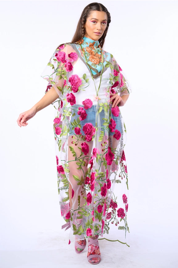 Holiday of Love Embroidered Mesh Kimono / Topper-Kimono-Aratta-One Size-Rose Embroidery-Urbanheer