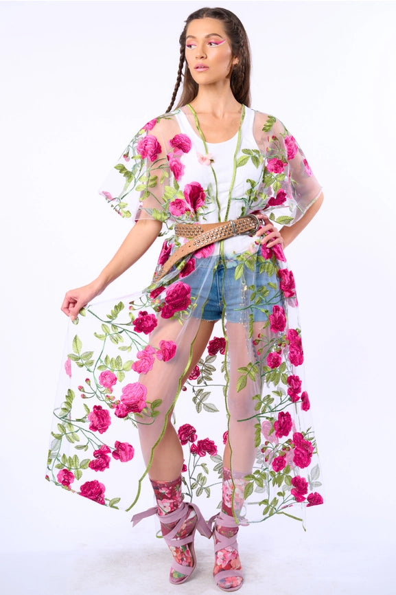 Holiday of Love Embroidered Mesh Kimono / Topper-Kimono-Aratta-One Size-Rose Embroidery-Urbanheer