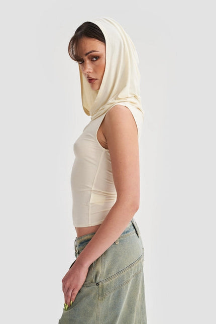 Hooded Cowl Neck Tank Top In Cream