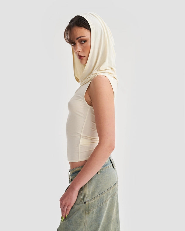 Hooded Cowl Neck Tank Top In Cream