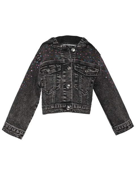 Hooded Denim Jacket w/ Rhinestone Detail