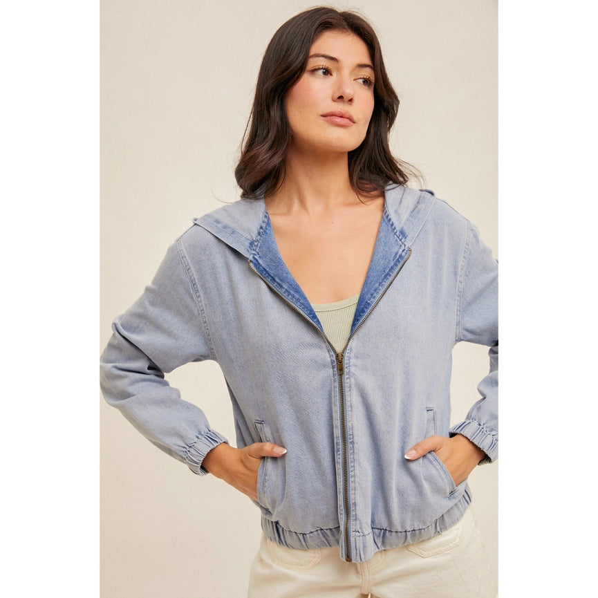 Hooded Zip Up Washed Denim Jacket with Pockets Stylish and C-Jacket-Apolline-S-DENIM-Urbanheer