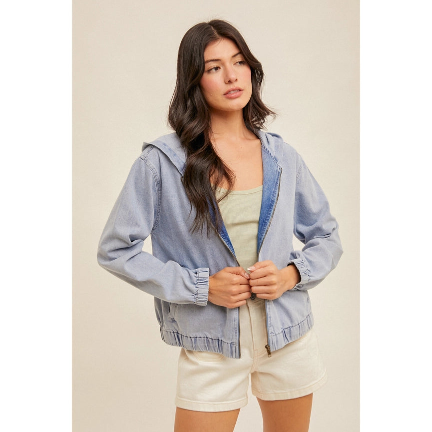 Hooded Zip Up Washed Denim Jacket with Pockets Stylish and C-Jacket-Apolline-S-DENIM-Urbanheer