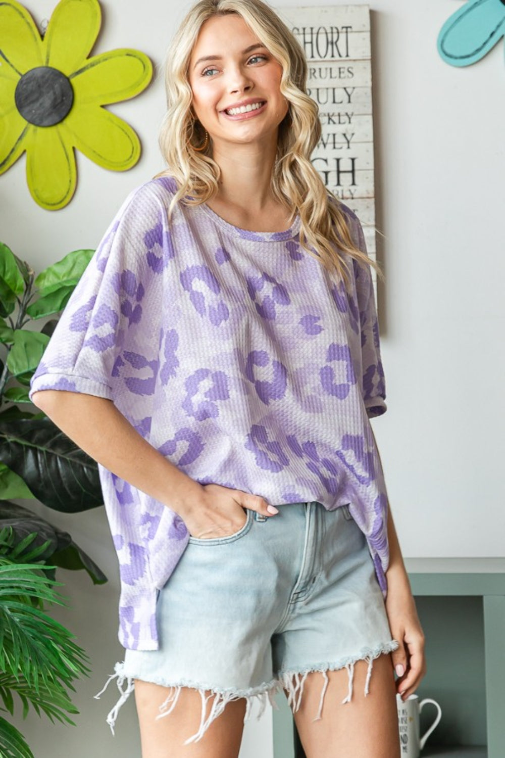 Hopely Print Waffle Oversized T-Shirt-Street 360-Lavender-S-Urbanheer
