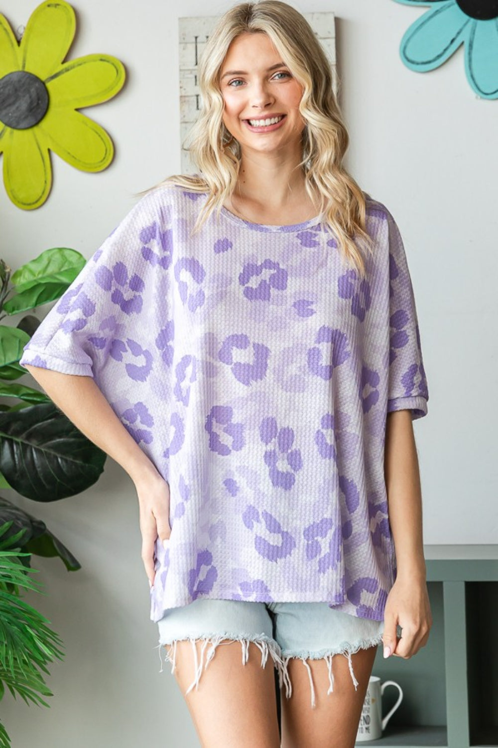 Hopely Print Waffle Oversized T-Shirt-Street 360-Lavender-S-Urbanheer