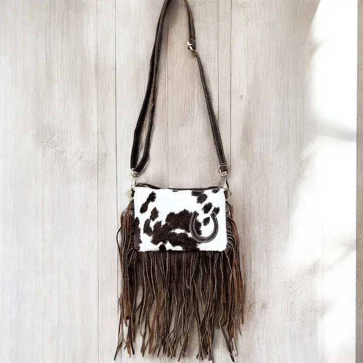 Horseshoe Fringe Cowhide & Leather Crossbody Bag-Bag-Western Linens-5.5x8”-Urbanheer