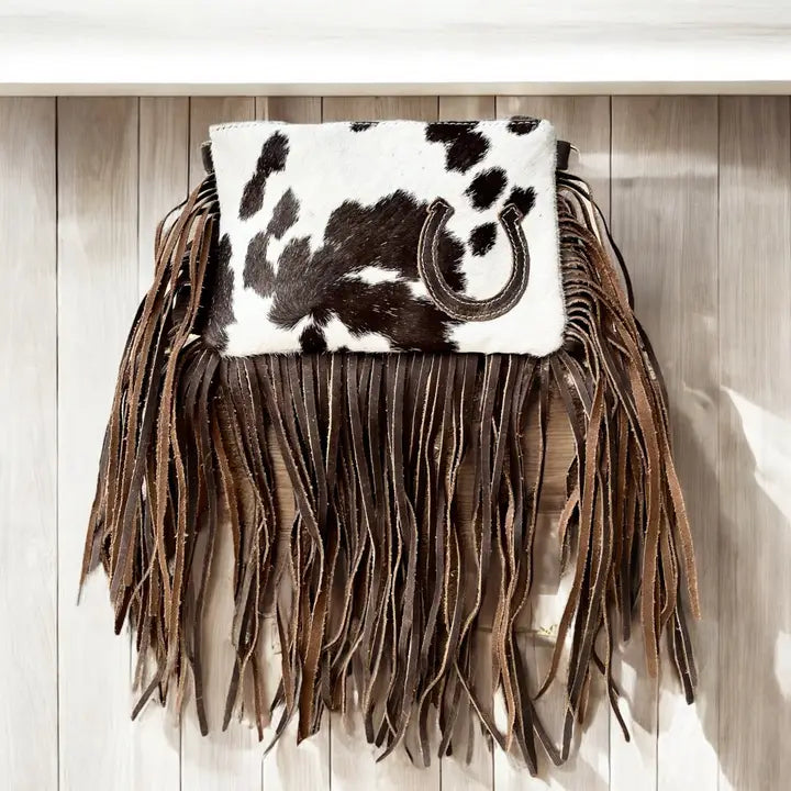 Horseshoe Fringe Cowhide & Leather Crossbody Bag-Bag-Western Linens-5.5x8”-Urbanheer