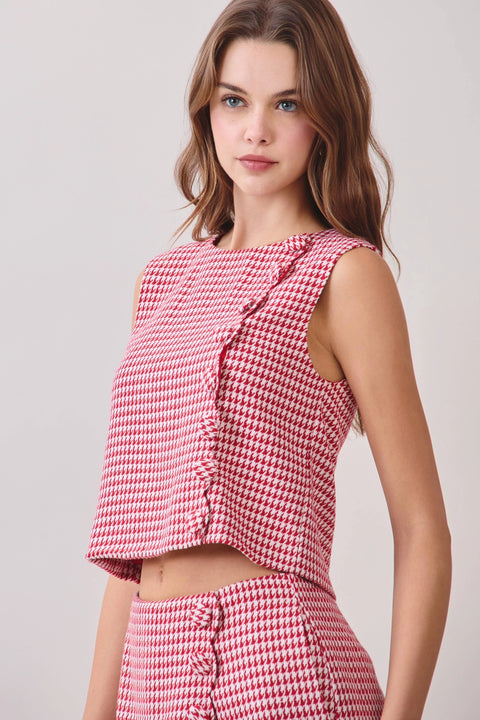 Houndstooth Pattern Covered Button Trim Top