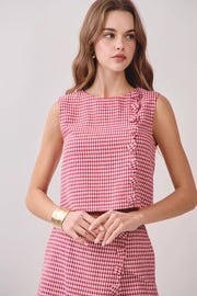 Houndstooth Pattern Covered Button Trim Top
