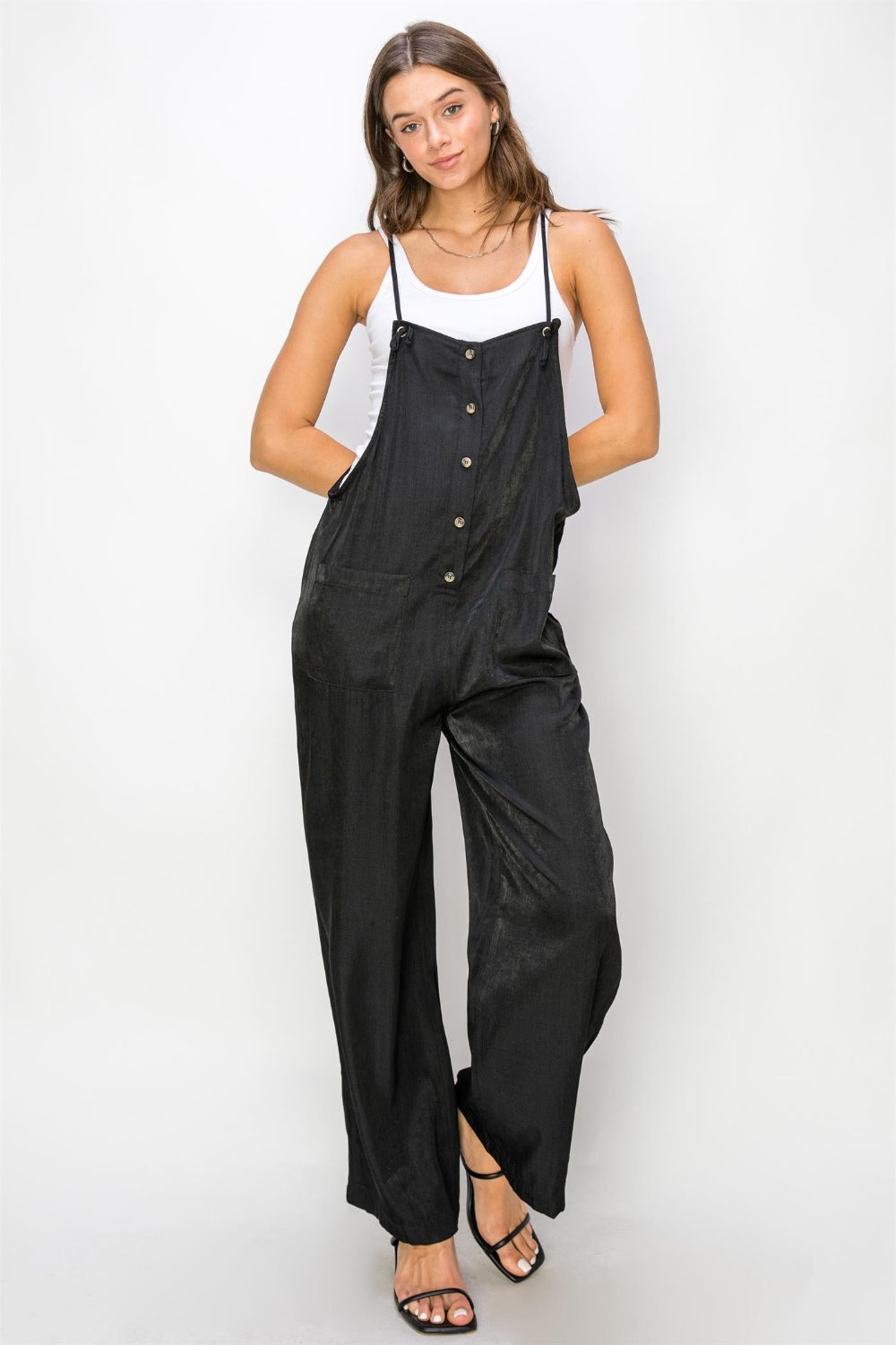 Hyfve Half Button Sleeveless Straight Jumpsuit-HYFVE-Black-S-Urbanheer