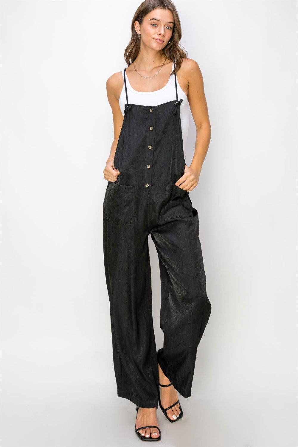 Hyfve Half Button Sleeveless Straight Jumpsuit-HYFVE-Black-S-Urbanheer