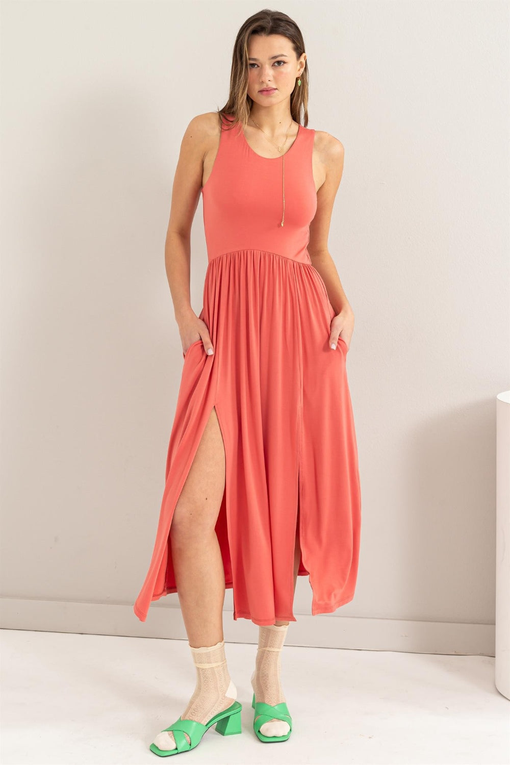 Hyfve Sleeveless Slit Midi Dress-HYFVE-Spiced Coral-S-Urbanheer