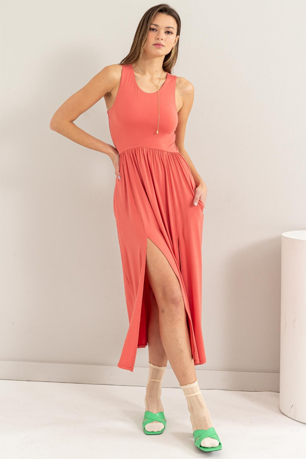 Hyfve Sleeveless Slit Midi Dress-HYFVE-Spiced Coral-S-Urbanheer